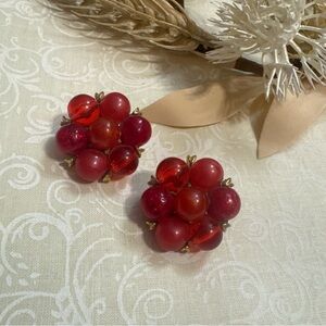 Vintage Signed KRAMER Red Bead Cluster Gold Tone Clip on Earrings